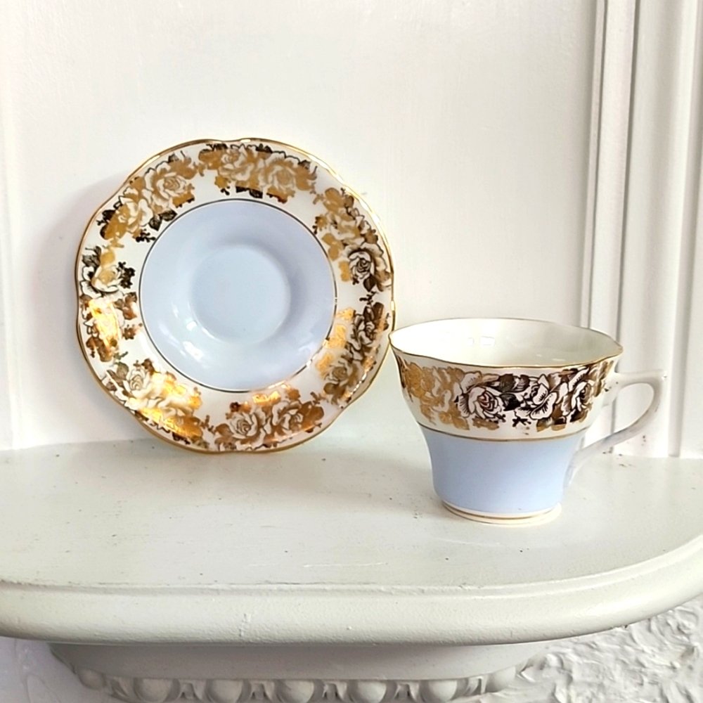 Queens England 1939 GOLD and BLUE Genuine Bone China Teacup and Saucer